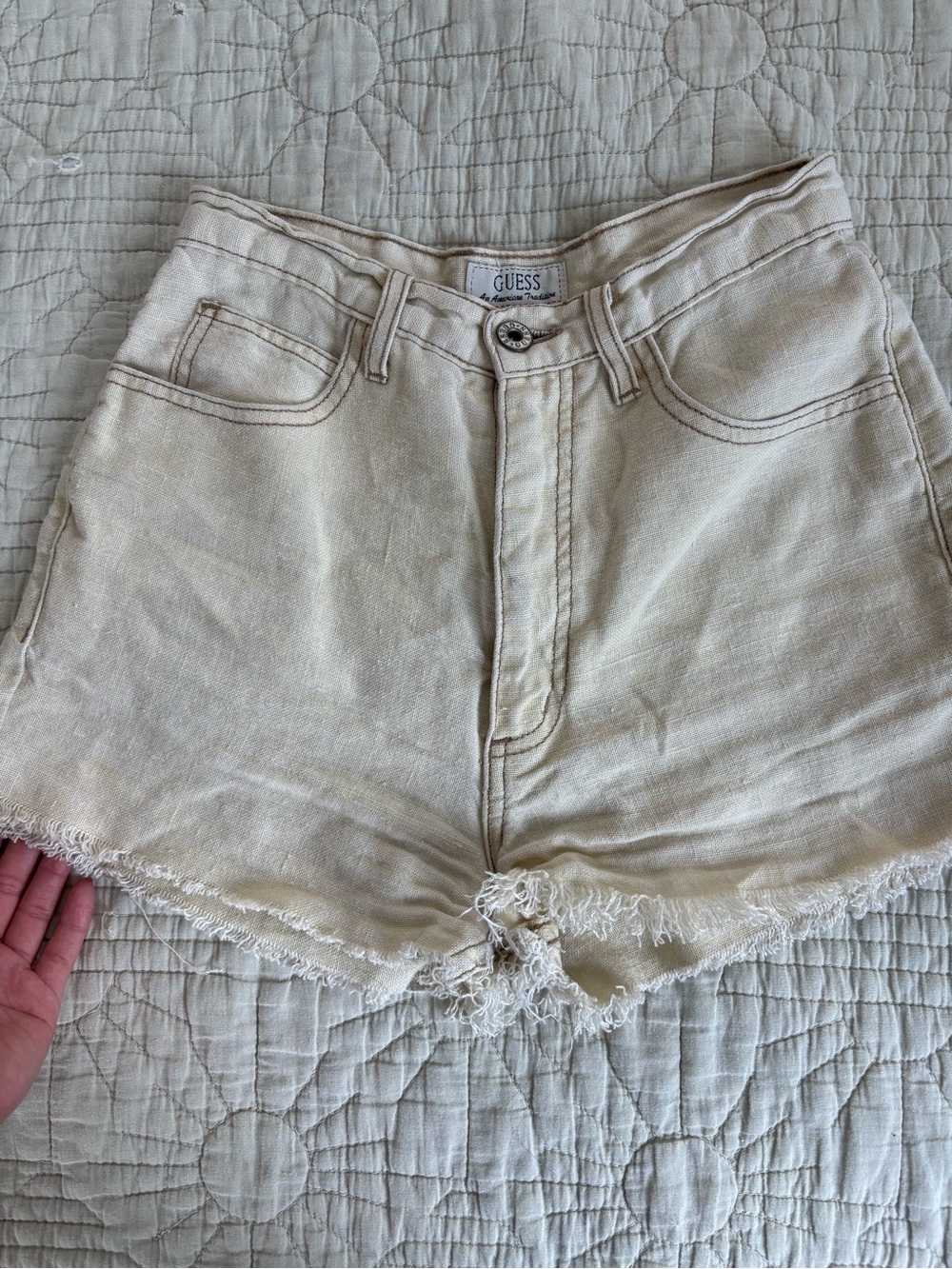 Vintage GUESS Cream Frayed Hem High-Rise Denim Shorts